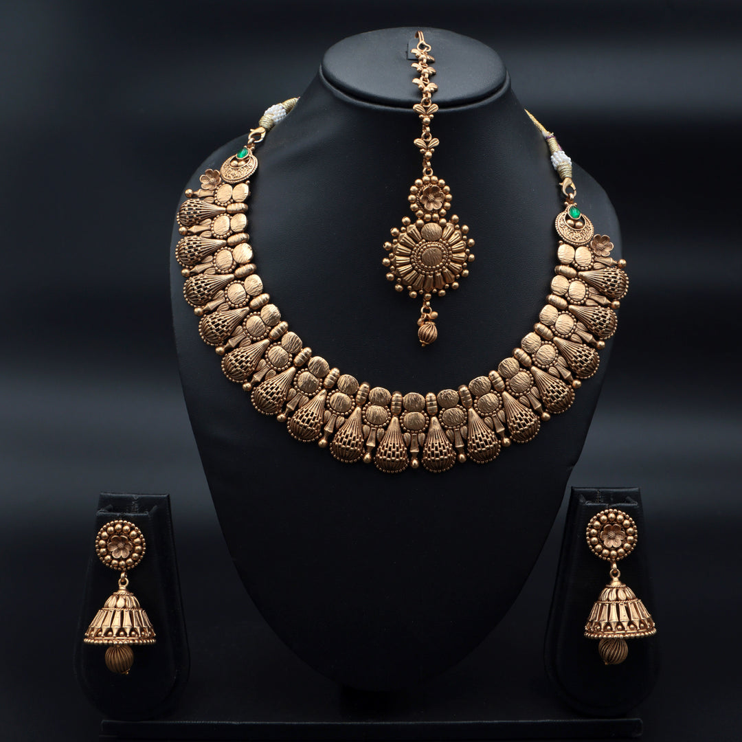Antique Gold Temple Necklace Set with Jhumka Earrings & Maang Tikka