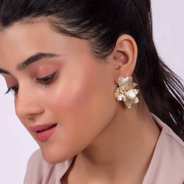 Textured Floral Pearl Drop Earrings