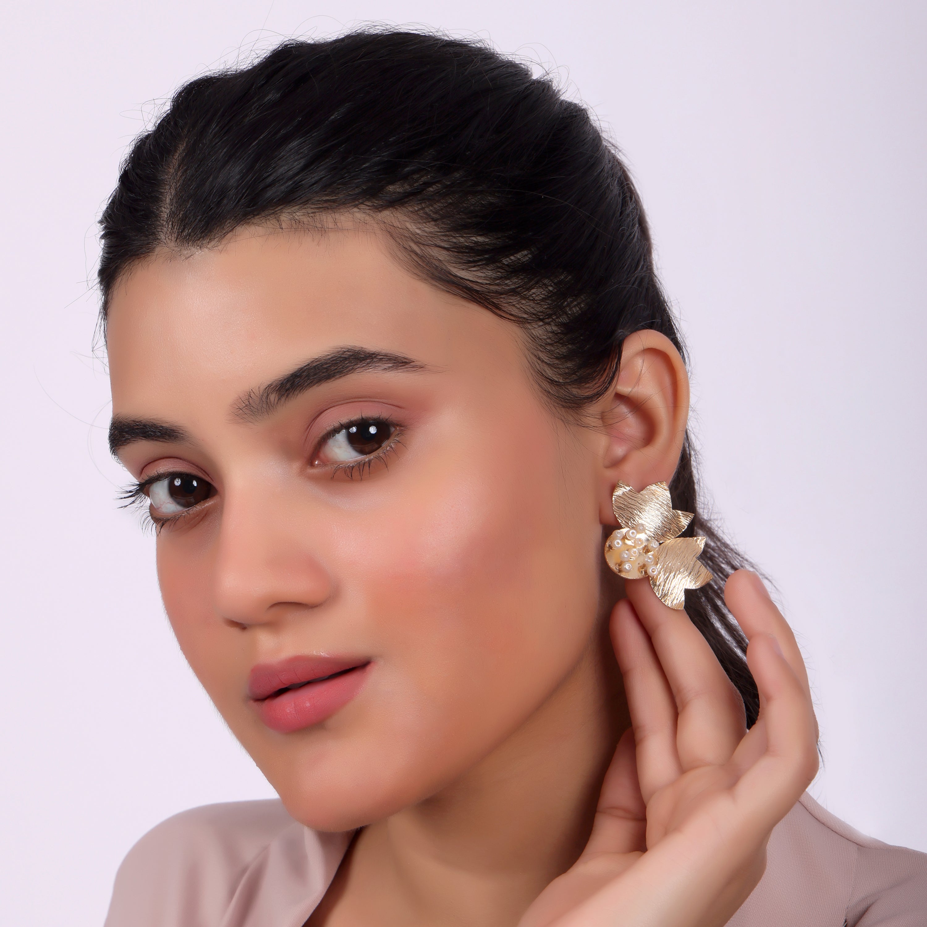 Textured Floral Pearl Drop Earrings