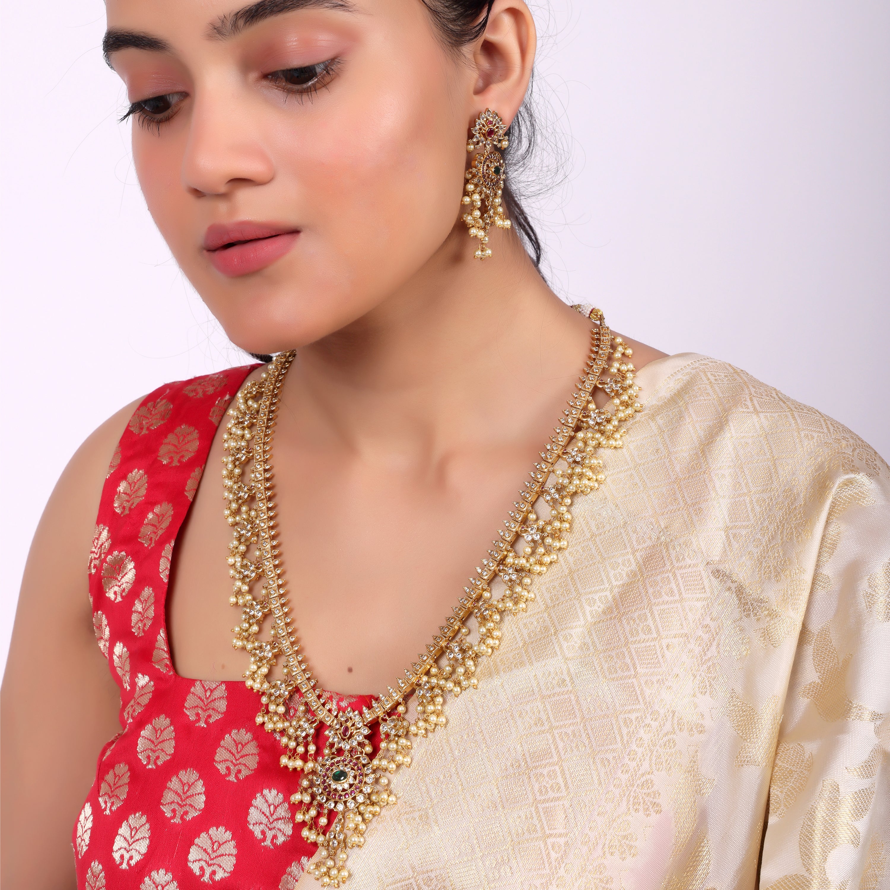 Traditional Pearl Drop Temple Necklace Set