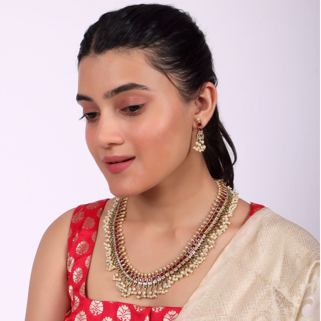 Royal Ruby Green Pearl Traditional Necklace Set