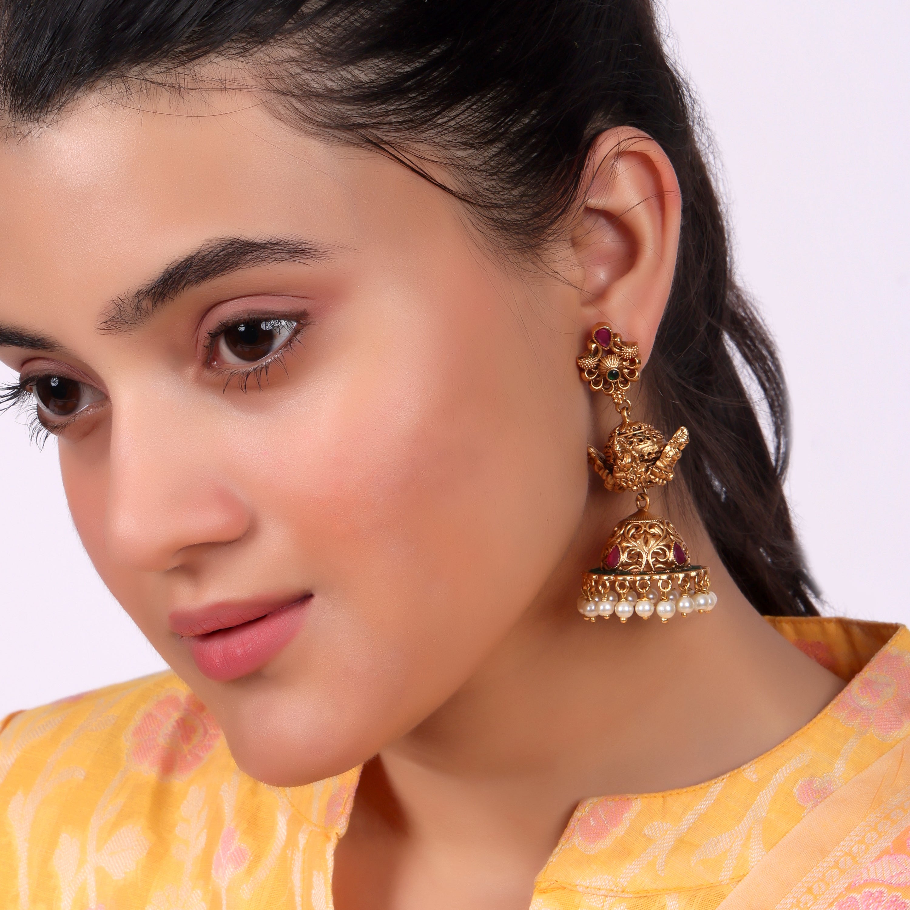 Antique Gold Temple Jhumka Earrings with Pearl Drops
