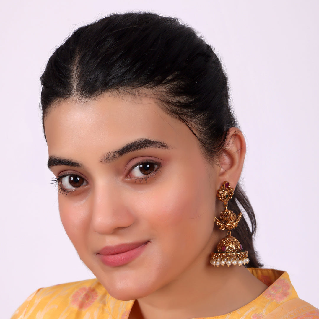 Antique Gold Temple Jhumka Earrings with Pearl Drops