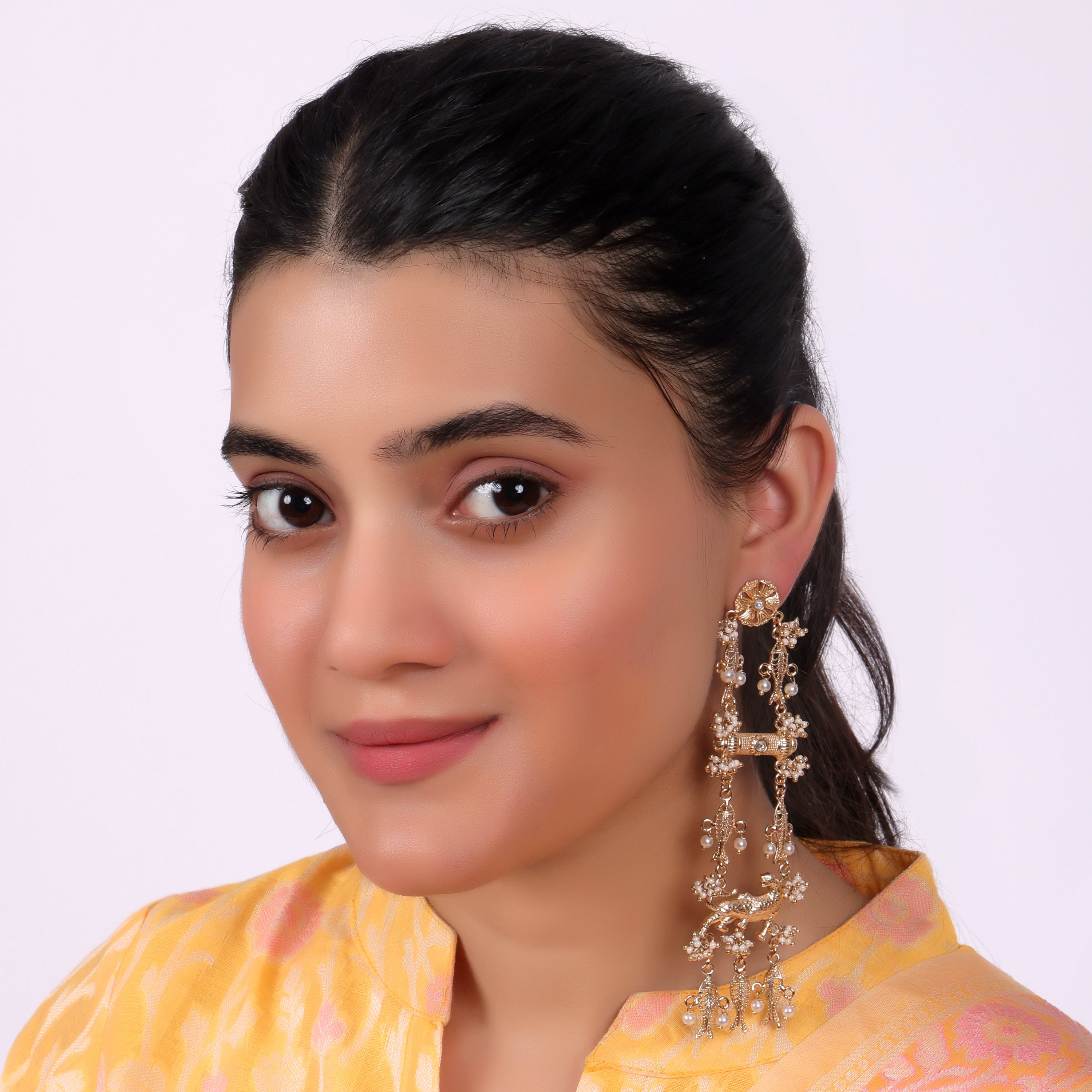 Floral Pearl Long Statement Earrings