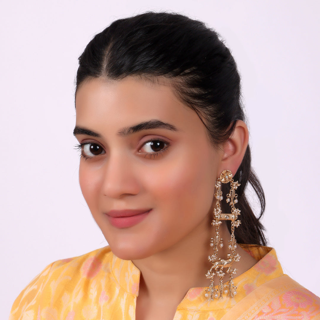 Floral Pearl Long Statement Earrings