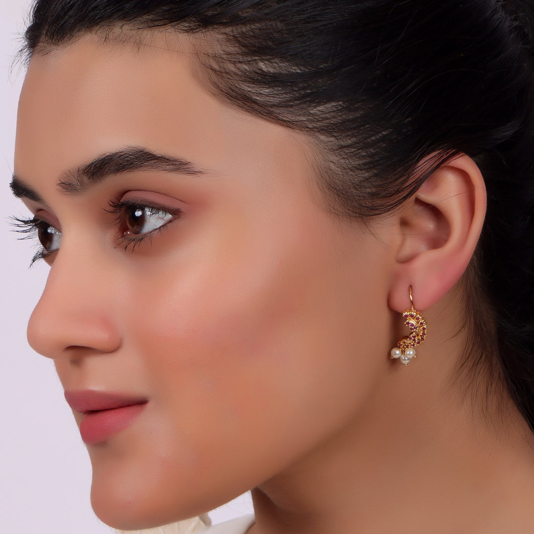 Ruby Pearl Crescent Stud Earrings