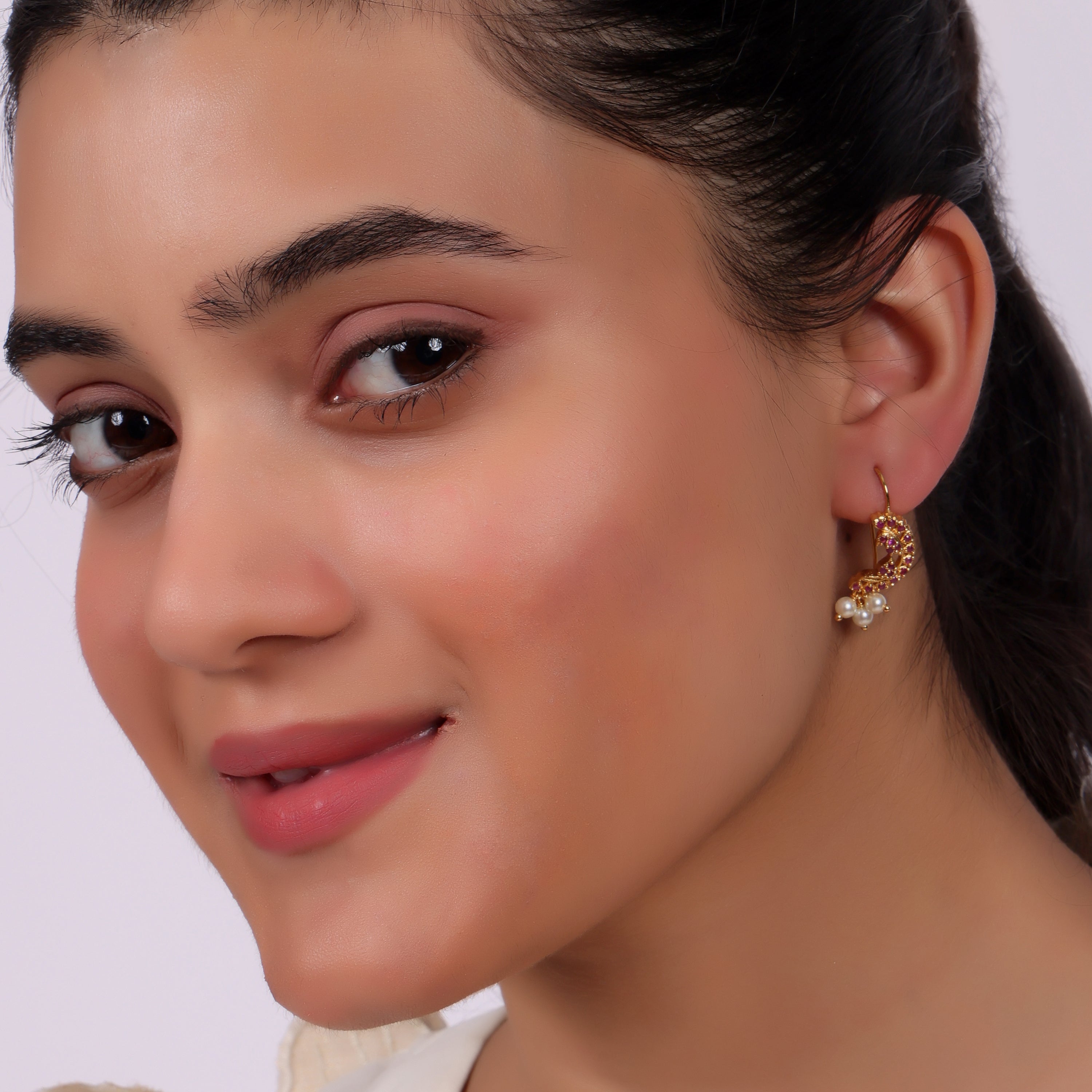 Ruby Pearl Crescent Stud Earrings