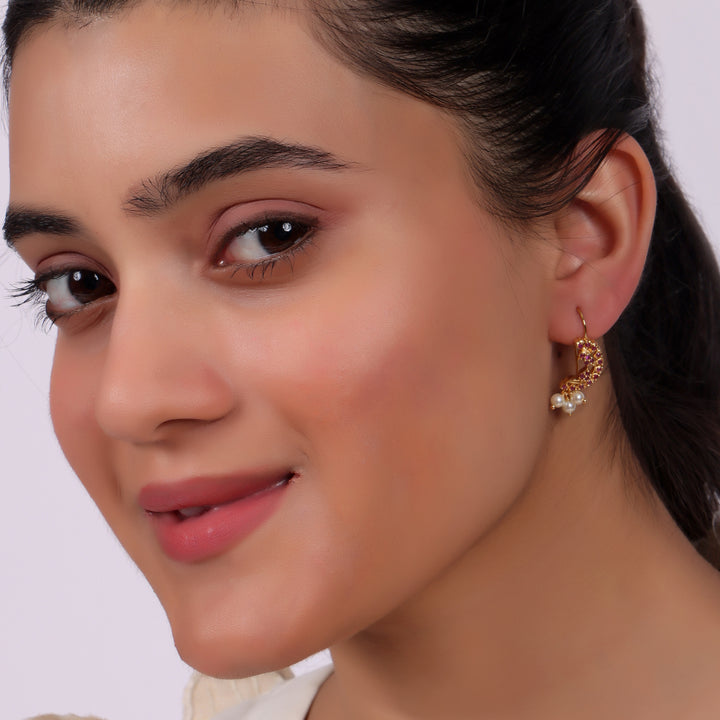 Ruby Pearl Crescent Stud Earrings