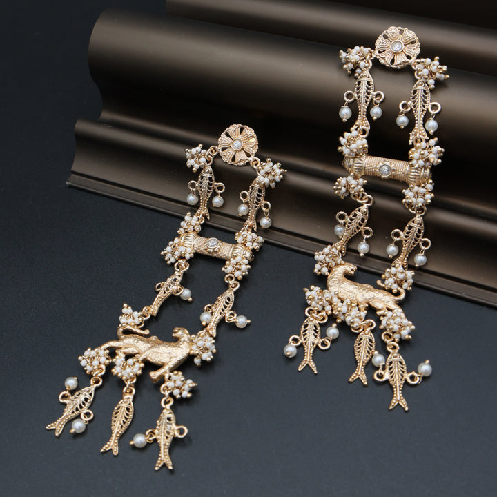 Floral Pearl Long Statement Earrings