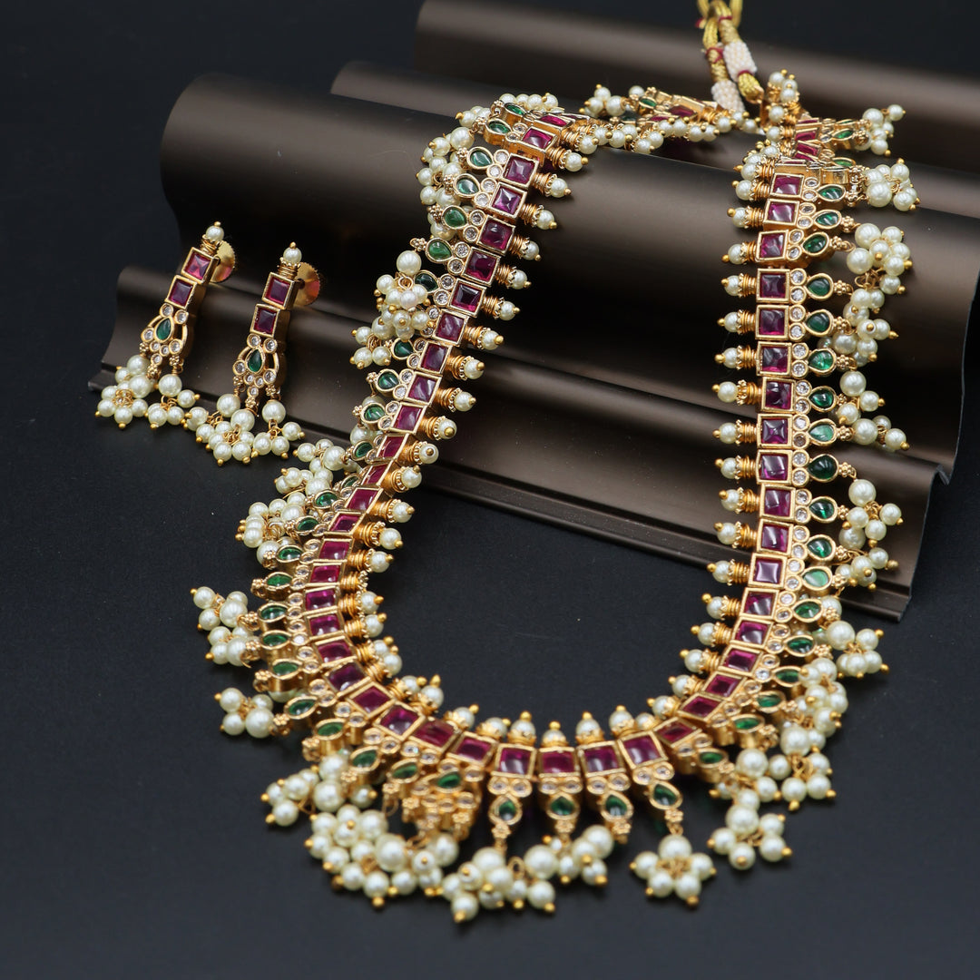 Royal Ruby Green Pearl Traditional Necklace Set