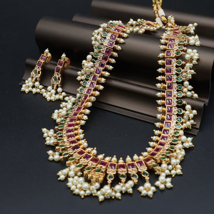 Royal Ruby Green Pearl Traditional Necklace Set