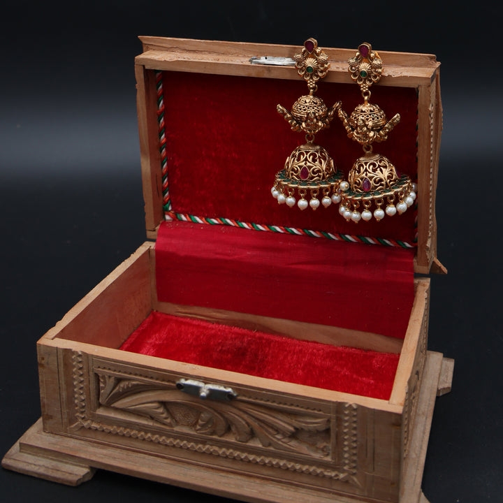 Antique Gold Temple Jhumka Earrings with Pearl Drops