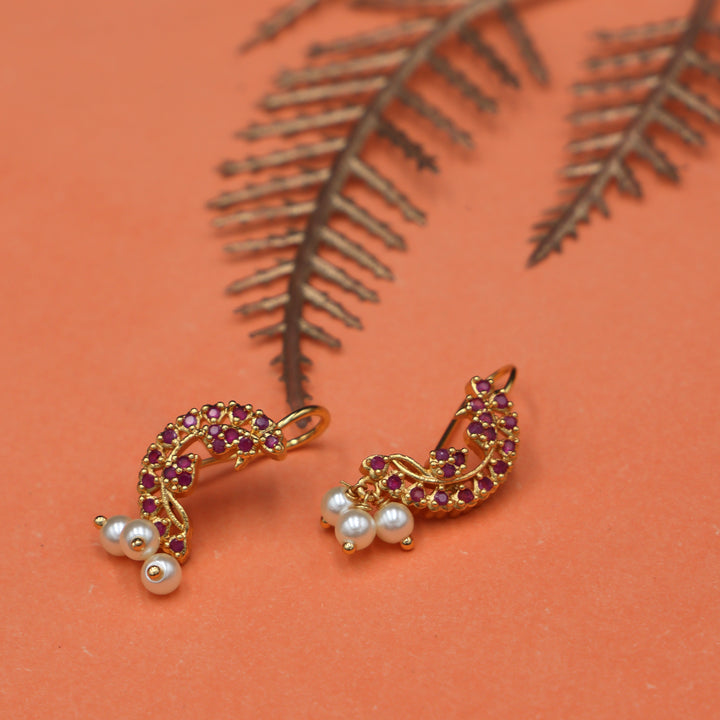 Ruby Pearl Crescent Stud Earrings