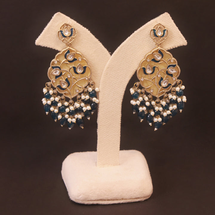 Polki Chandbali Earrings with Pearl Drops - Blue