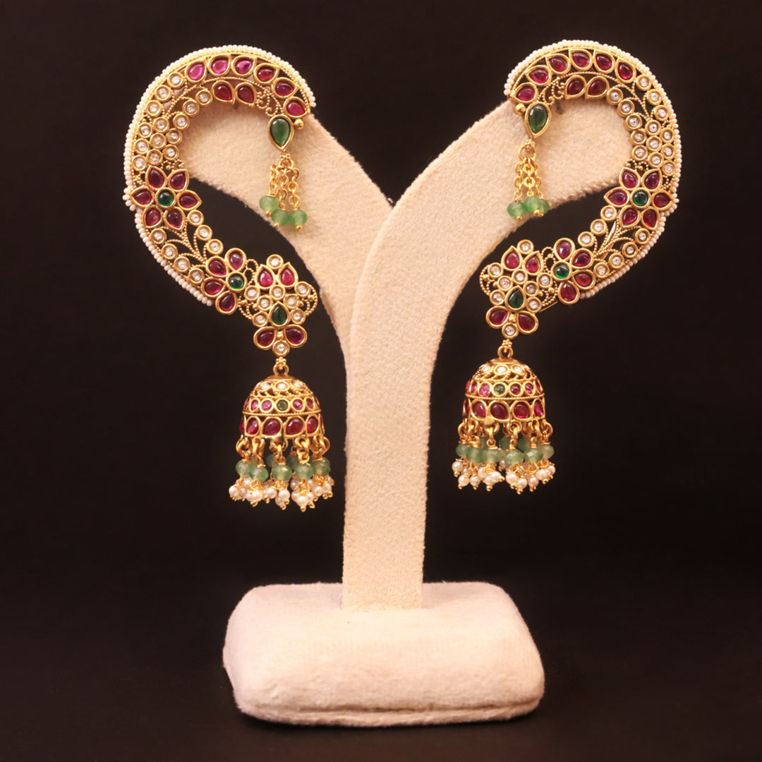 Royal Kundan Ear Cuff Jhumka – Ruby & Pearl Heritage Elegance by OLIARI - Ruby Green