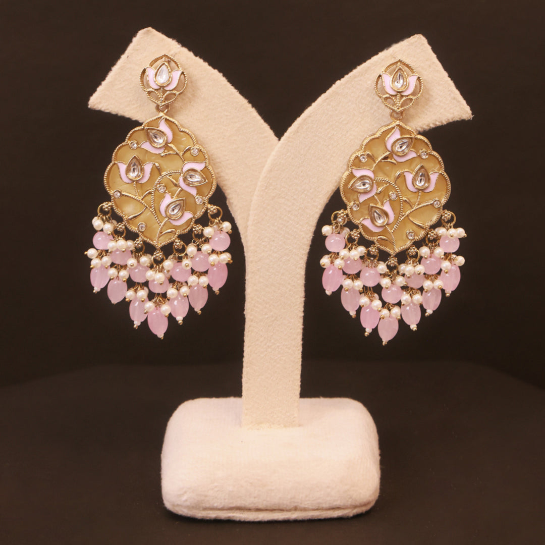 Polki Chandbali Earrings with Pearl Drops - Pink