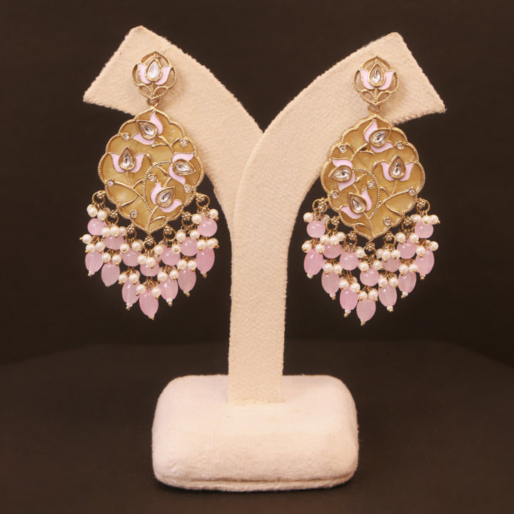 Polki Chandbali Earrings with Pearl Drops - Pink