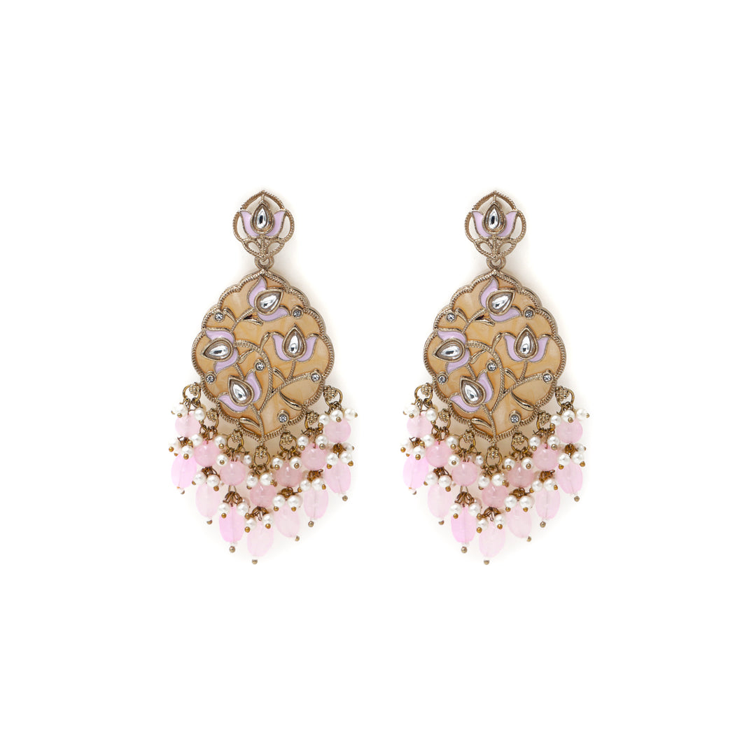 Polki Chandbali Earrings with Pearl Drops - Pink
