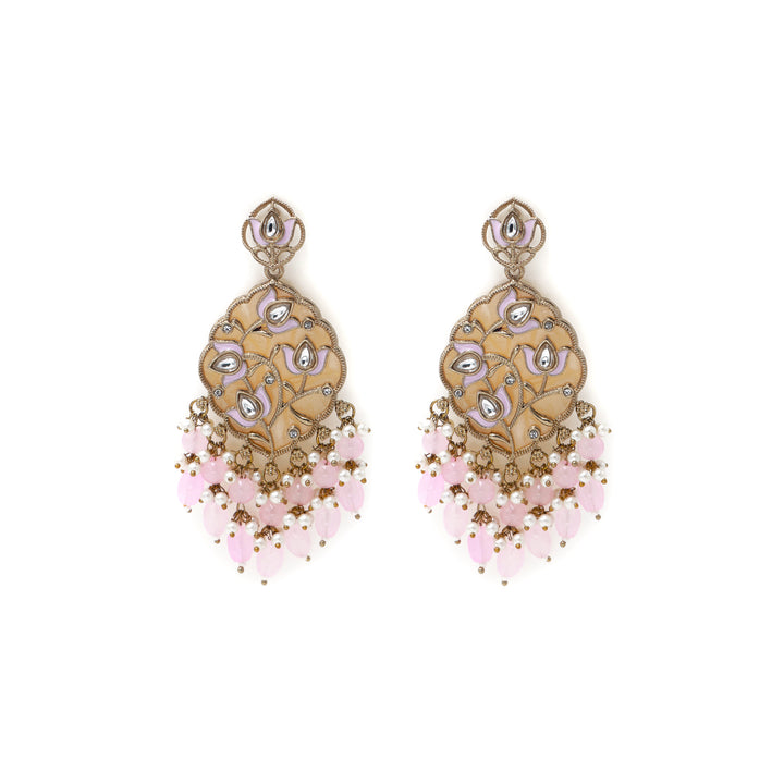 Polki Chandbali Earrings with Pearl Drops - Pink