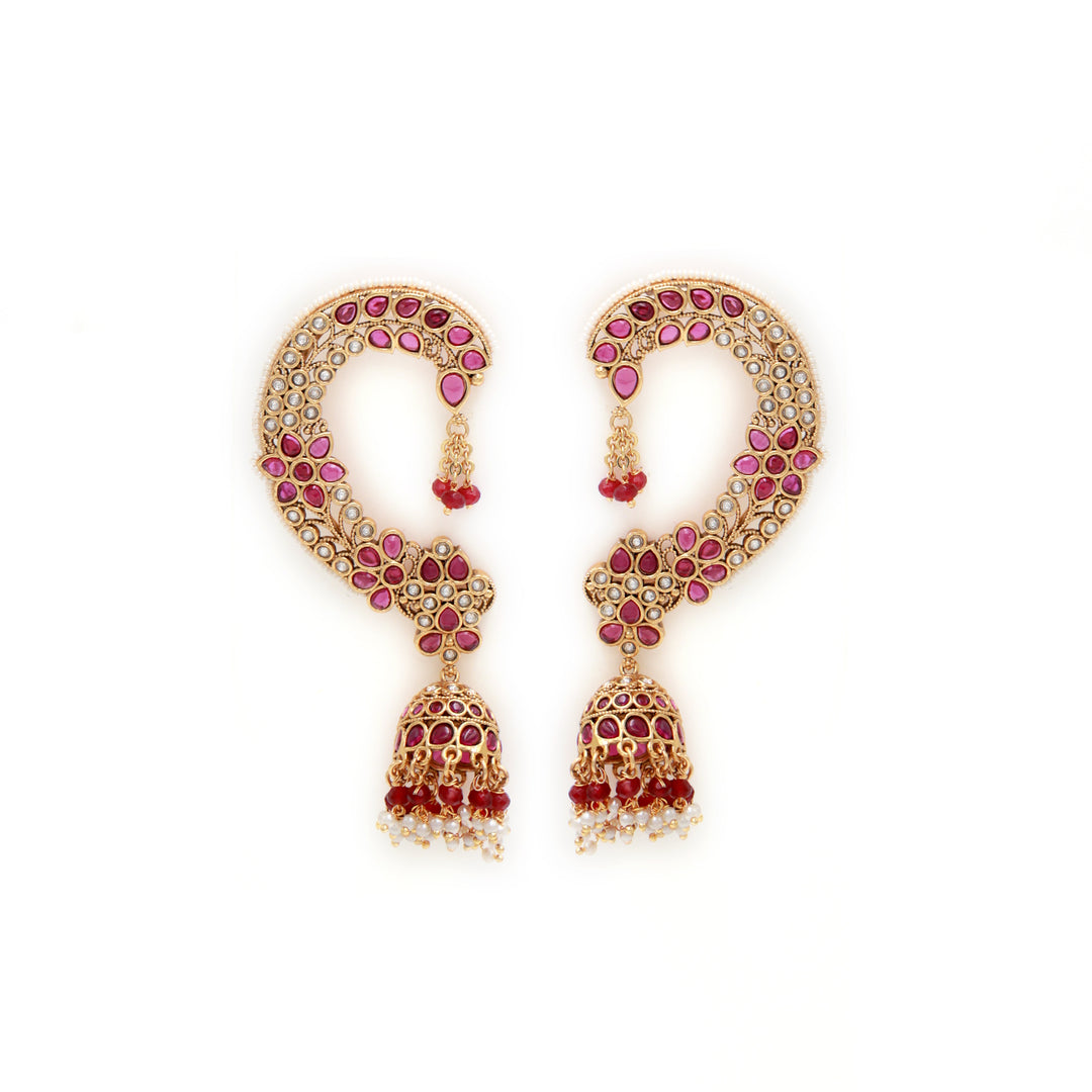 Royal Kundan Ear Cuff Jhumka – Ruby & Pearl Heritage Elegance by OLIARI - Ruby
