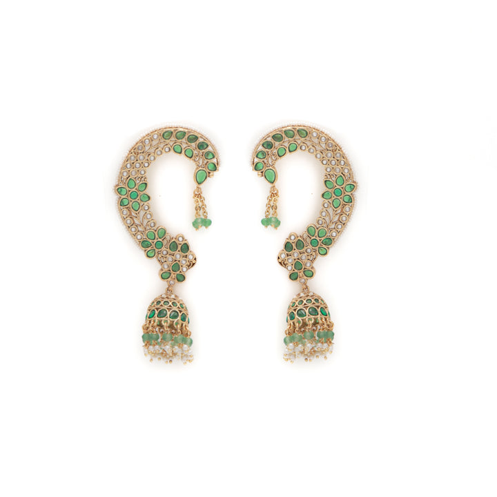 Royal Kundan Ear Cuff Jhumka – Ruby & Pearl Heritage Elegance by OLIARI - Green