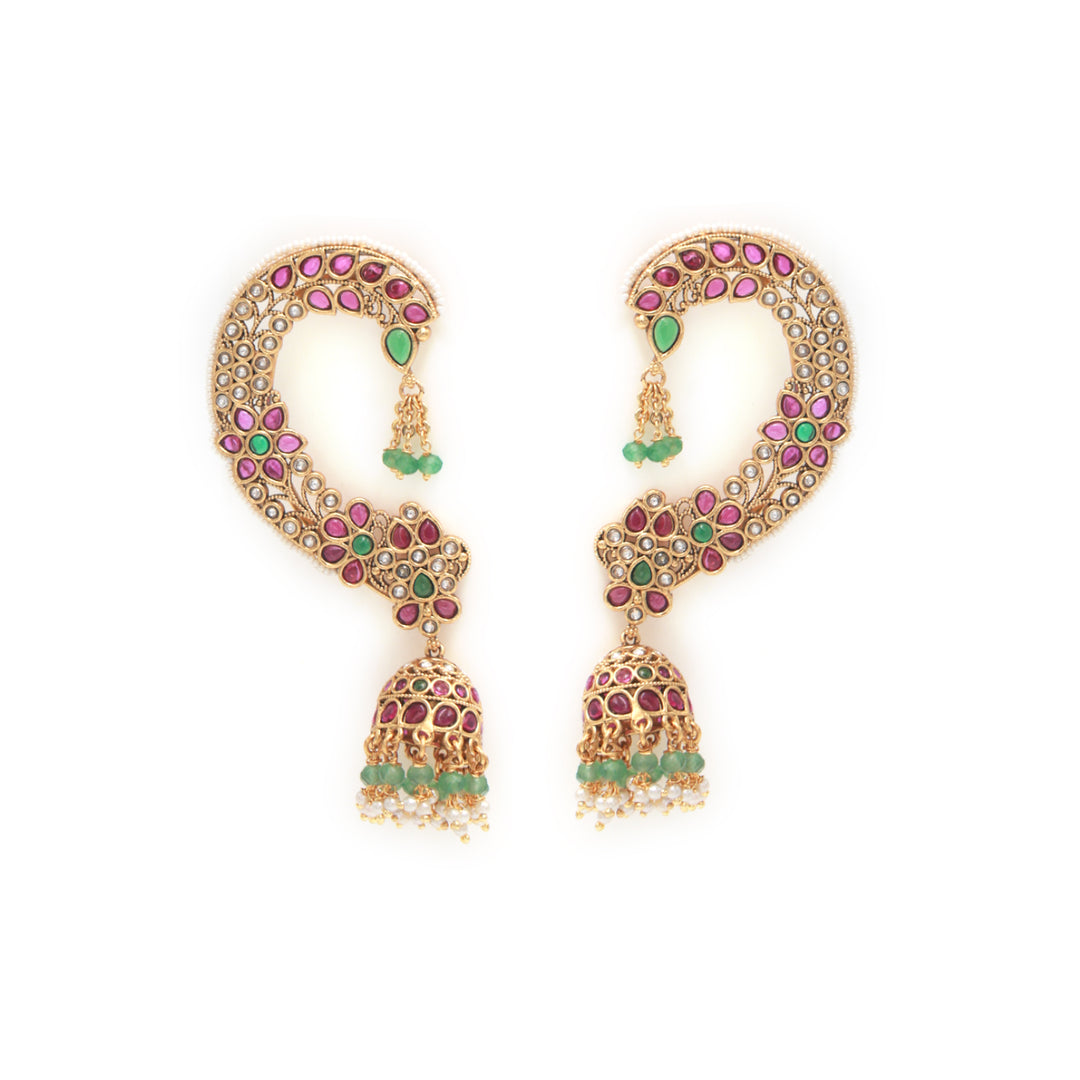Royal Kundan Ear Cuff Jhumka – Ruby & Pearl Heritage Elegance by OLIARI - Ruby Green