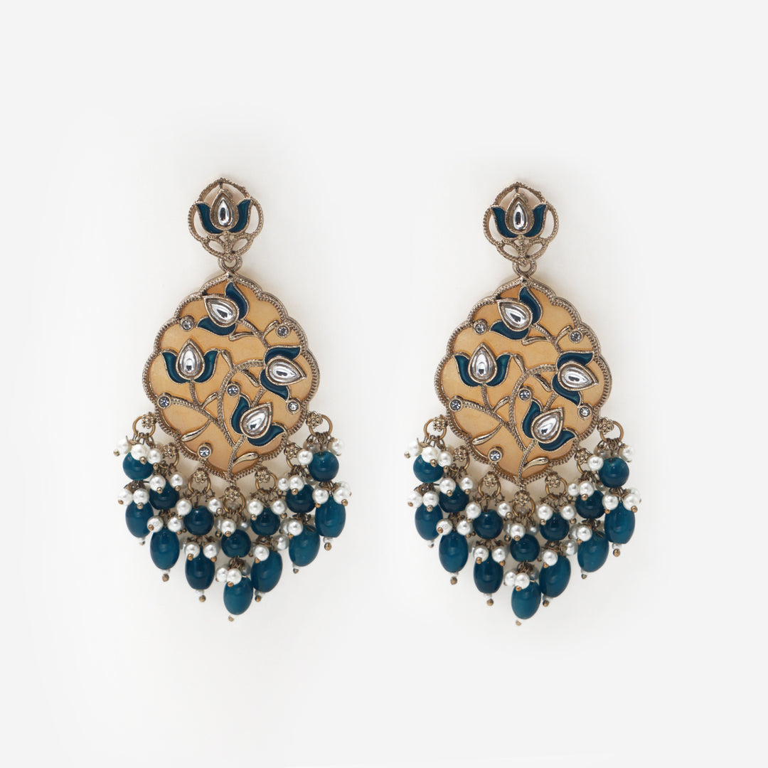 Polki Chandbali Earrings with Pearl Drops - Blue