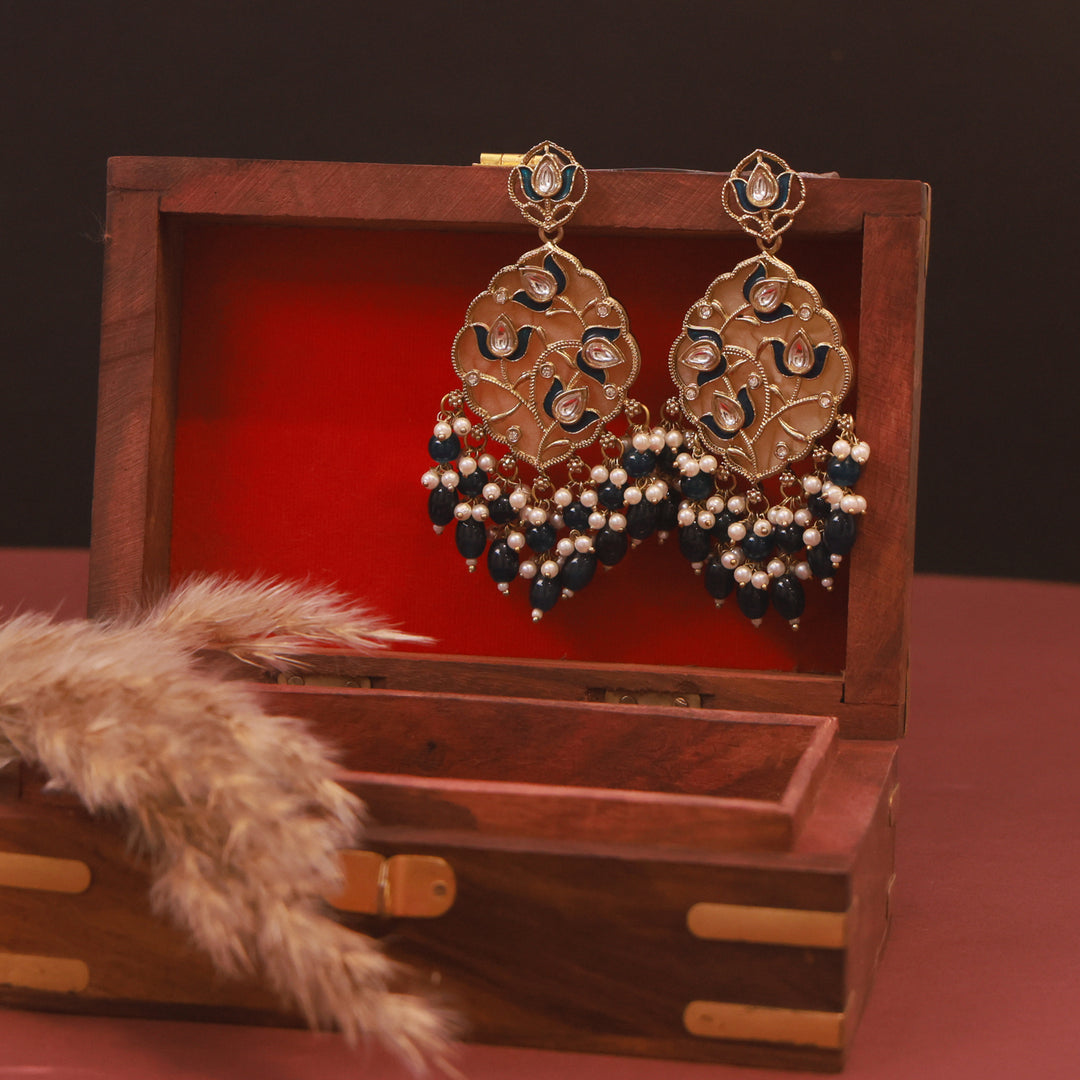 Polki Chandbali Earrings with Pearl Drops - Blue