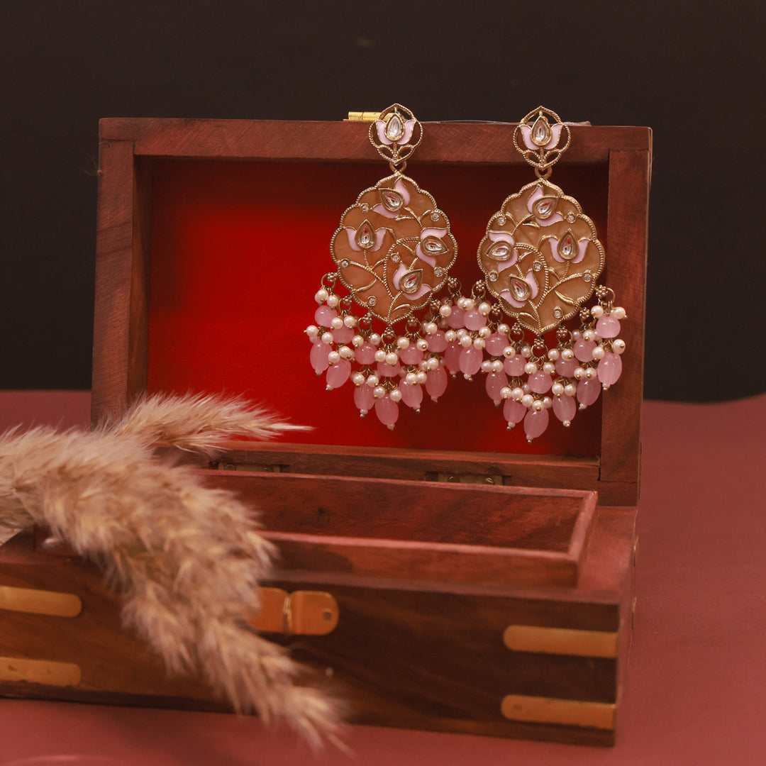 Polki Chandbali Earrings with Pearl Drops - Pink