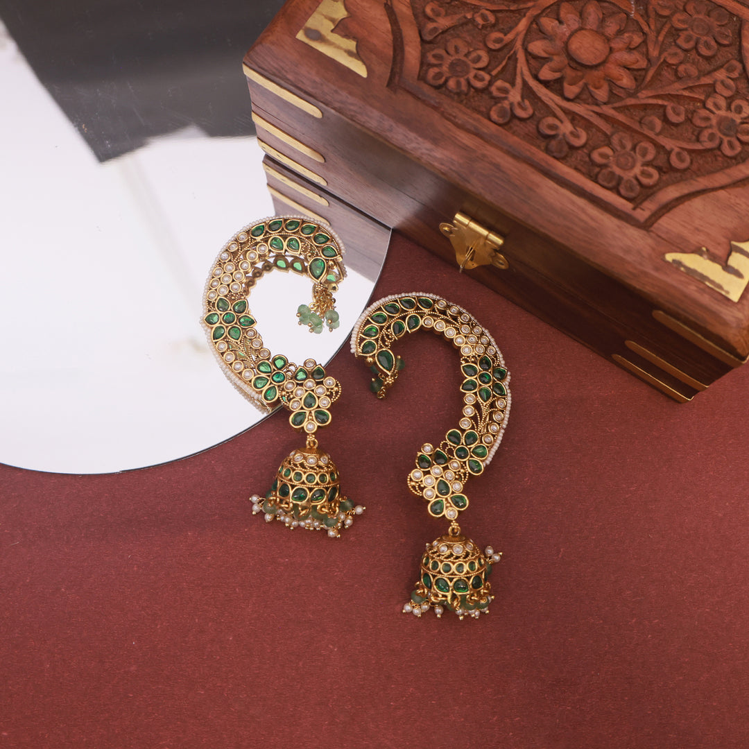 Royal Kundan Ear Cuff Jhumka – Ruby & Pearl Heritage Elegance by OLIARI - Green