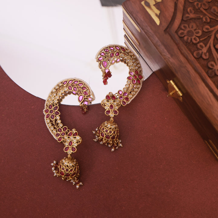 Royal Kundan Ear Cuff Jhumka – Ruby & Pearl Heritage Elegance by OLIARI - Ruby