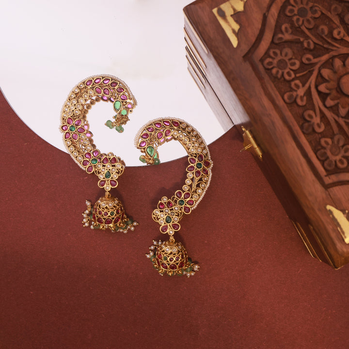 Royal Kundan Ear Cuff Jhumka – Ruby & Pearl Heritage Elegance by OLIARI - Ruby Green