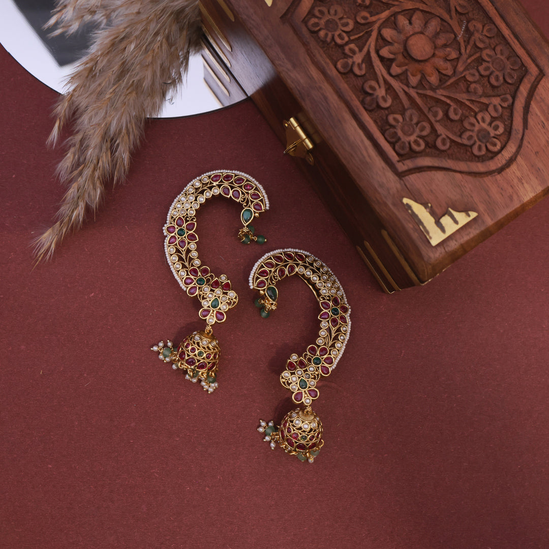 Royal Kundan Ear Cuff Jhumka – Ruby & Pearl Heritage Elegance by OLIARI - Ruby Green