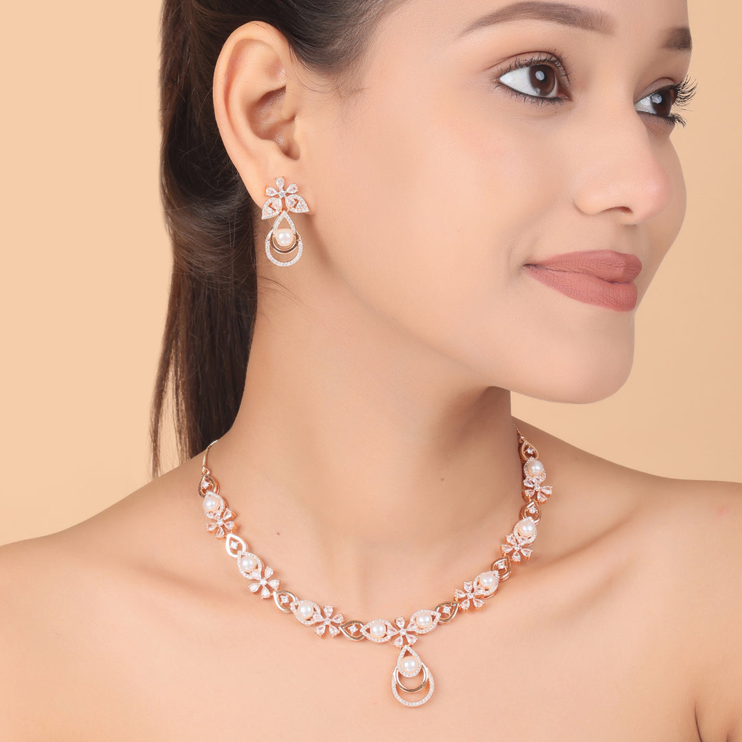Lustre Pearl CZ Necklace & Earrings Set
