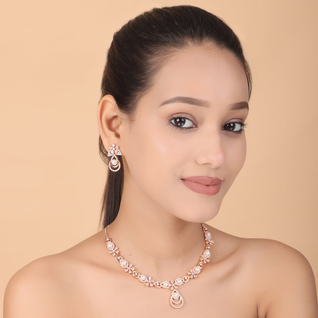 Lustre Pearl CZ Necklace & Earrings Set