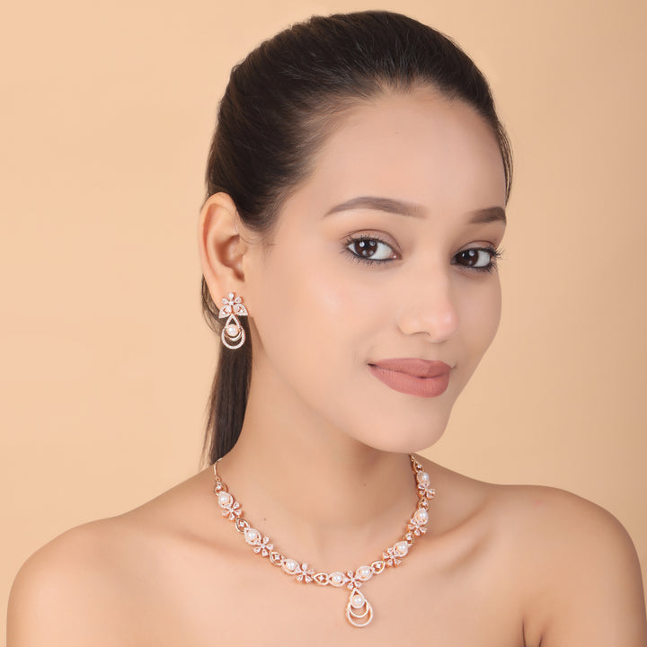 Lustre Pearl CZ Necklace & Earrings Set