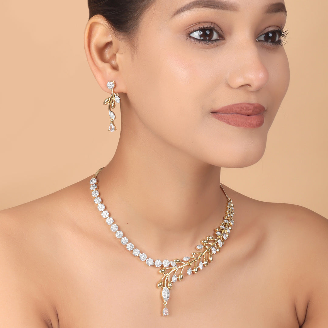 Golden Bloom Asymmetrical CZ Necklace & Earrings Set