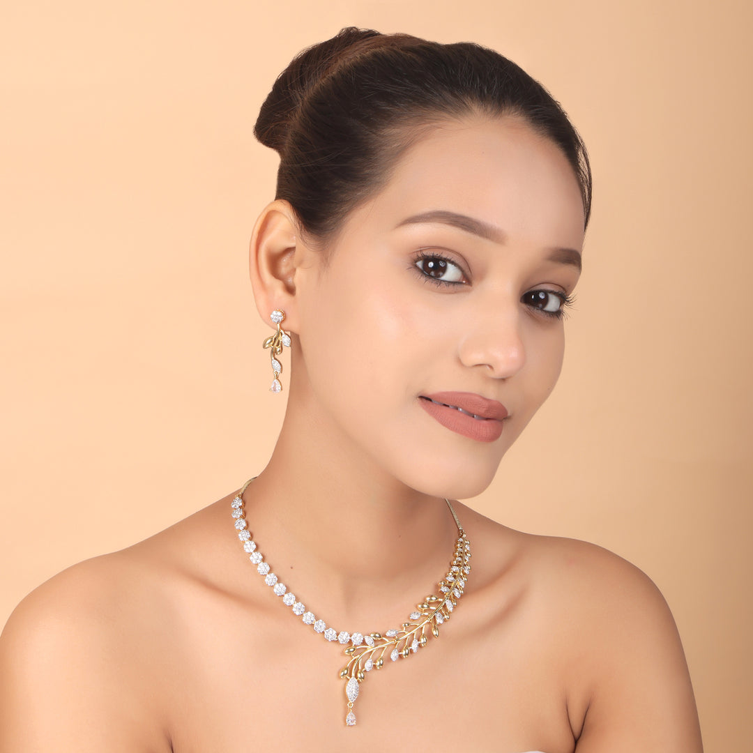 Golden Bloom Asymmetrical CZ Necklace & Earrings Set