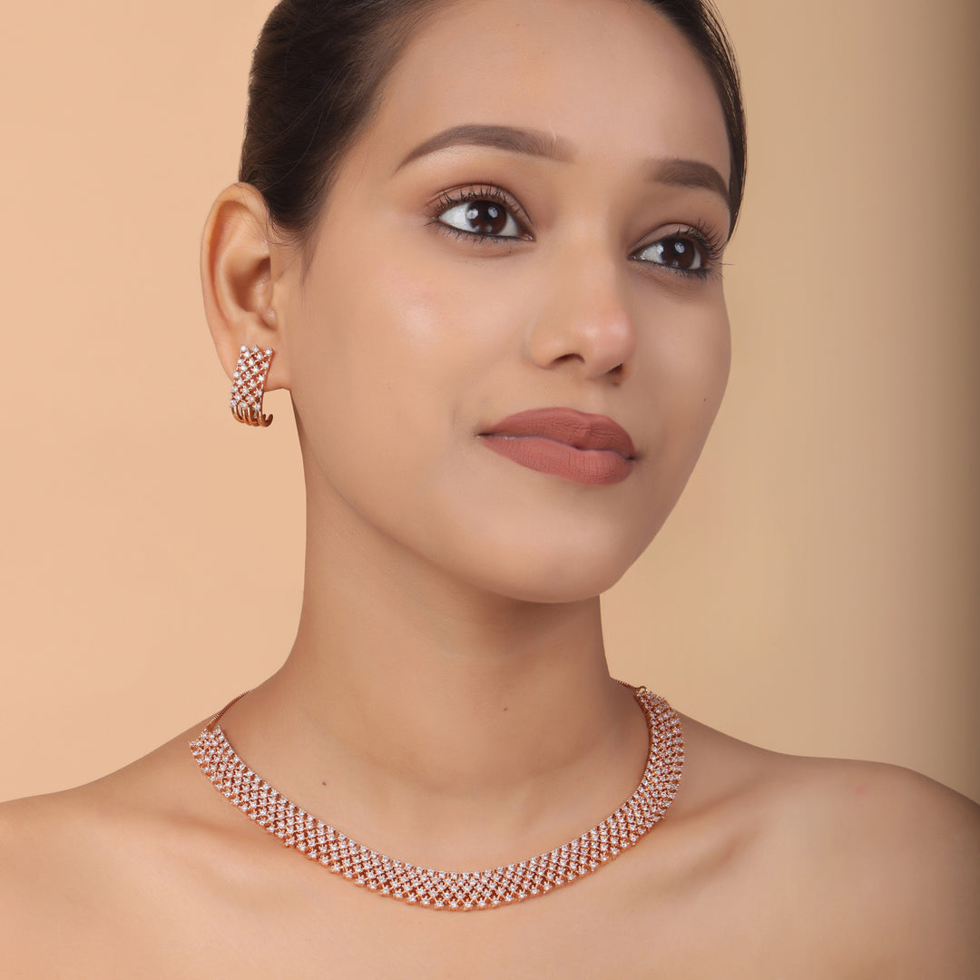 Rose Gold Crystal Mesh Choker Necklace Set