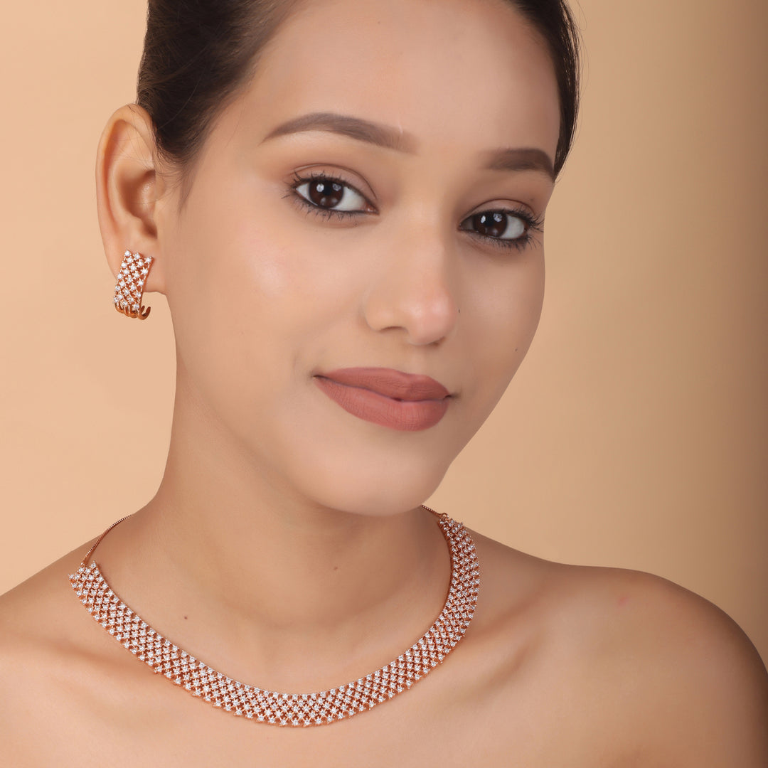 Rose Gold Crystal Mesh Choker Necklace Set