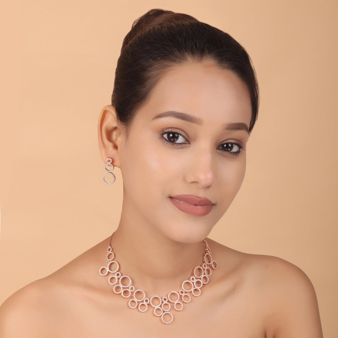 Elegant Circular Cubic Zirconia Necklace & Earrings Set – Modern Fusion Jewellery