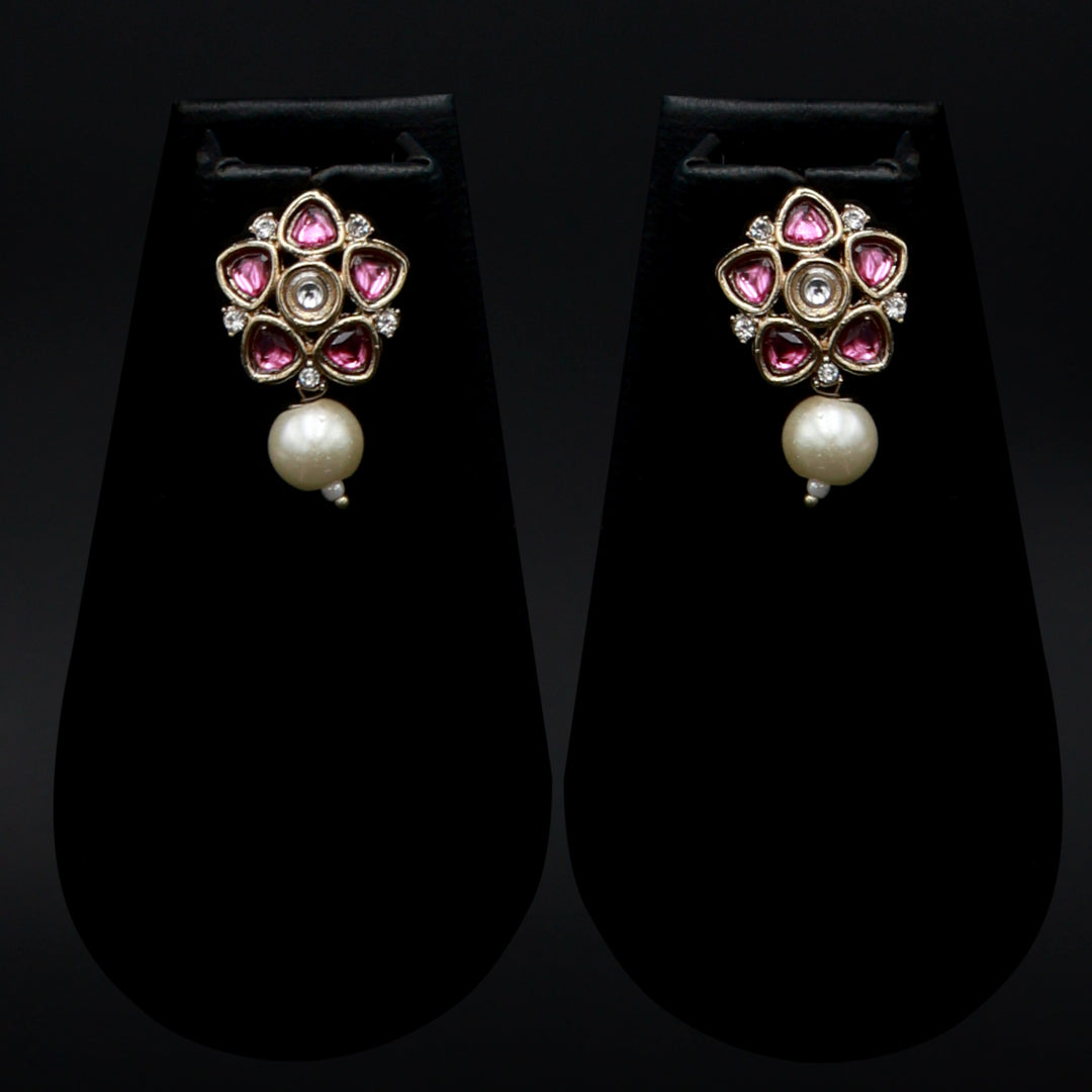 Polki Floral Stud Earrings with Pearl Drop - Pink