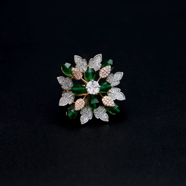 Emerald & Diamond Look Floral Statement Ring