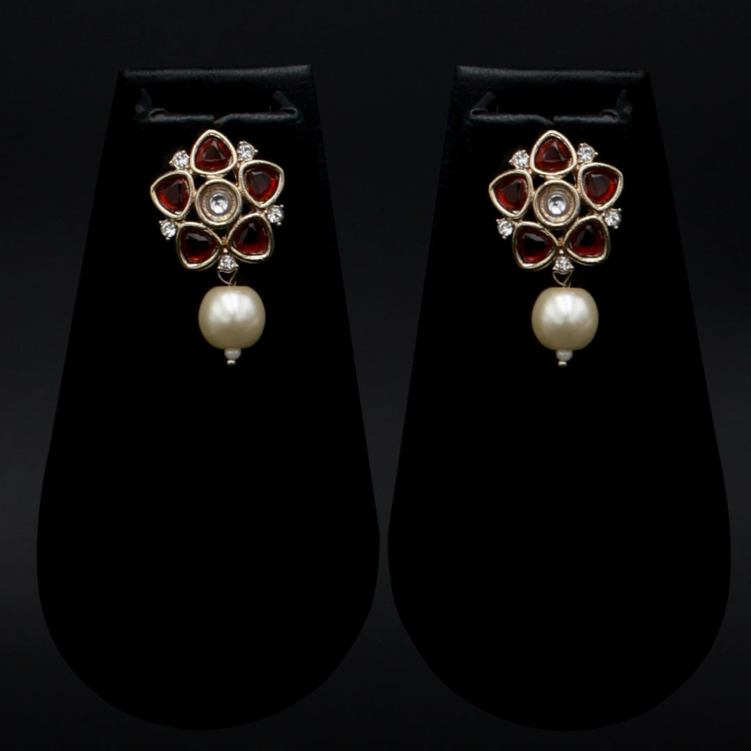 Polki Floral Stud Earrings with Pearl Drop - Olive Green