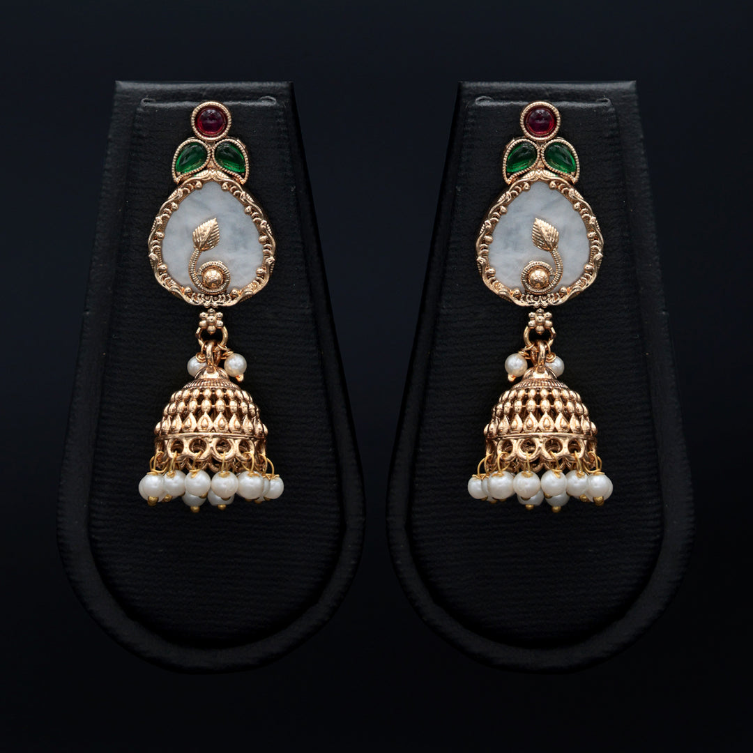 Pearl Drop Polki Jhumka with Red-Green Accents