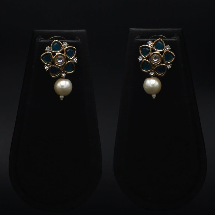 Polki Floral Stud Earrings with Pearl Drop - Sky Blue