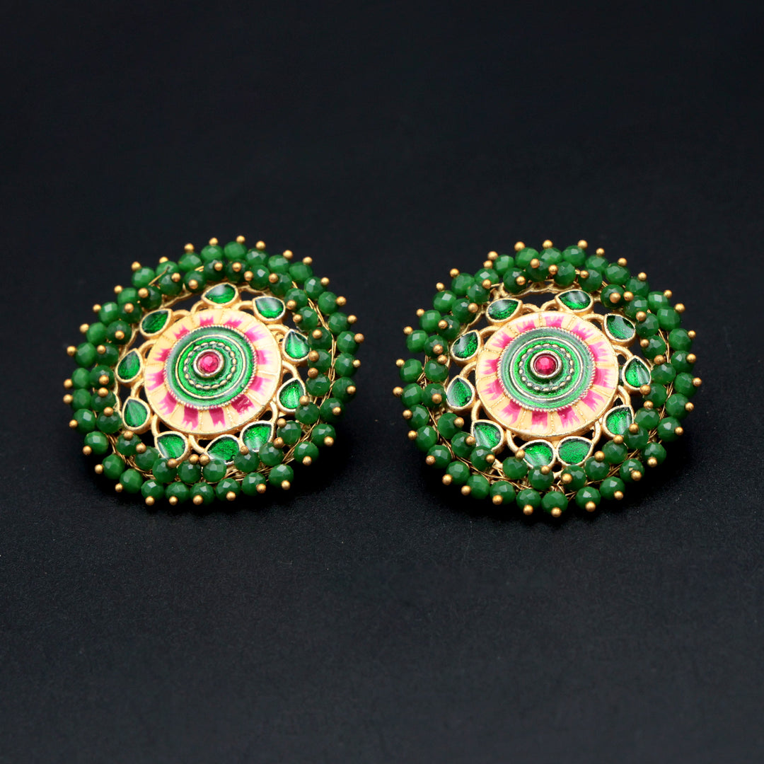 Green Meenakari Lotus Stud Earrings