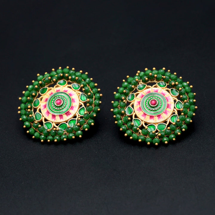 Green Meenakari Lotus Stud Earrings
