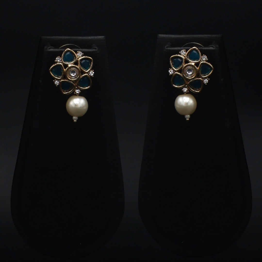 Polki Floral Stud Earrings with Pearl Drop - Turquoise Blue