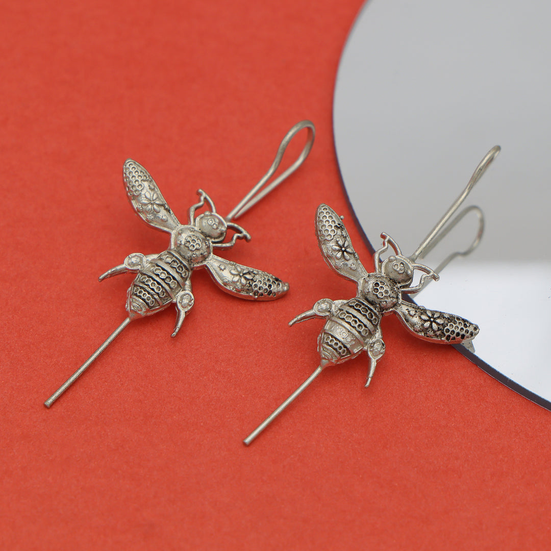 Silver Bee Motif Long Drop Earrings